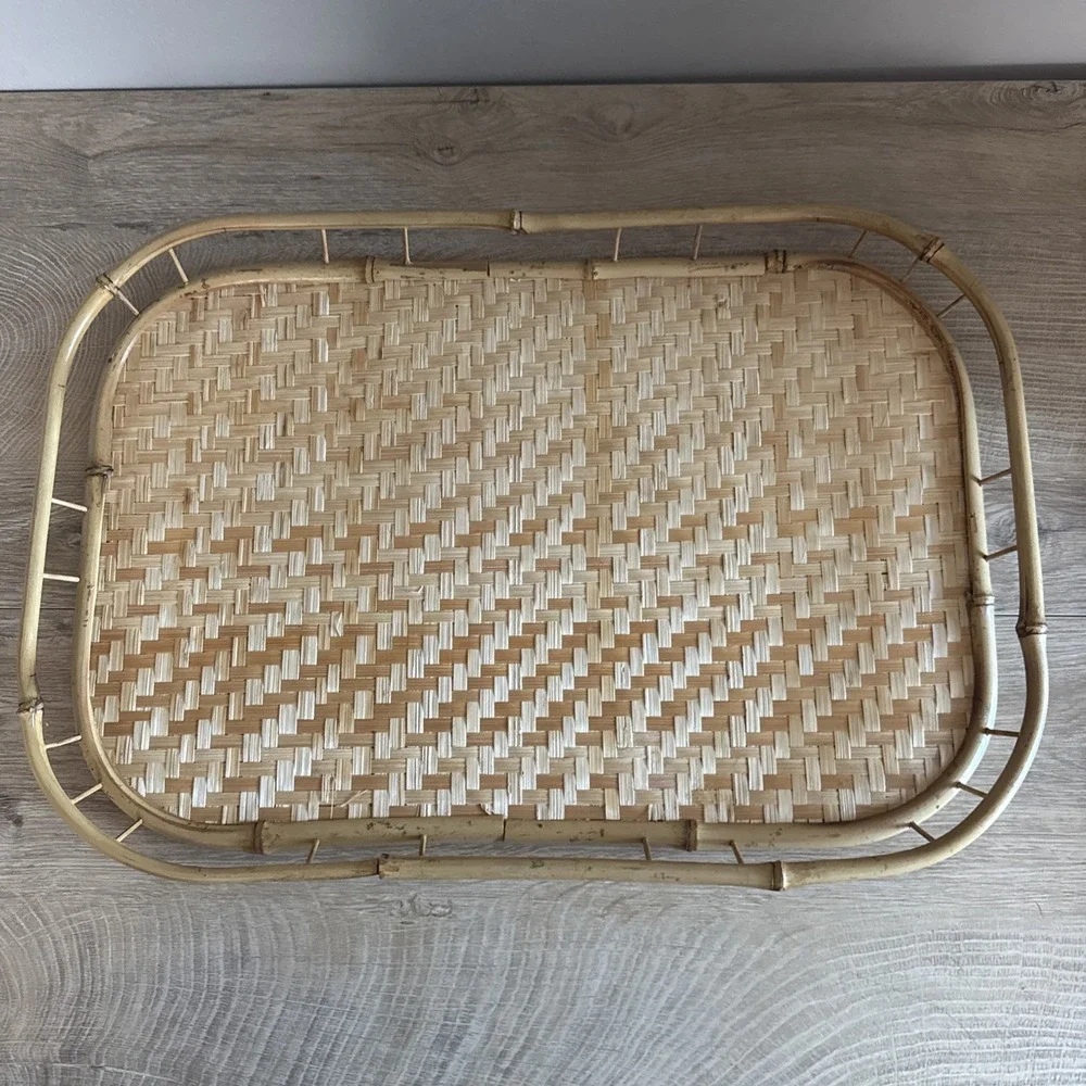 Rattan Bamboo Wicker Trays MCM Mid Century Woven Boho‎ Kitsch Tiki Bar Lot of 2
